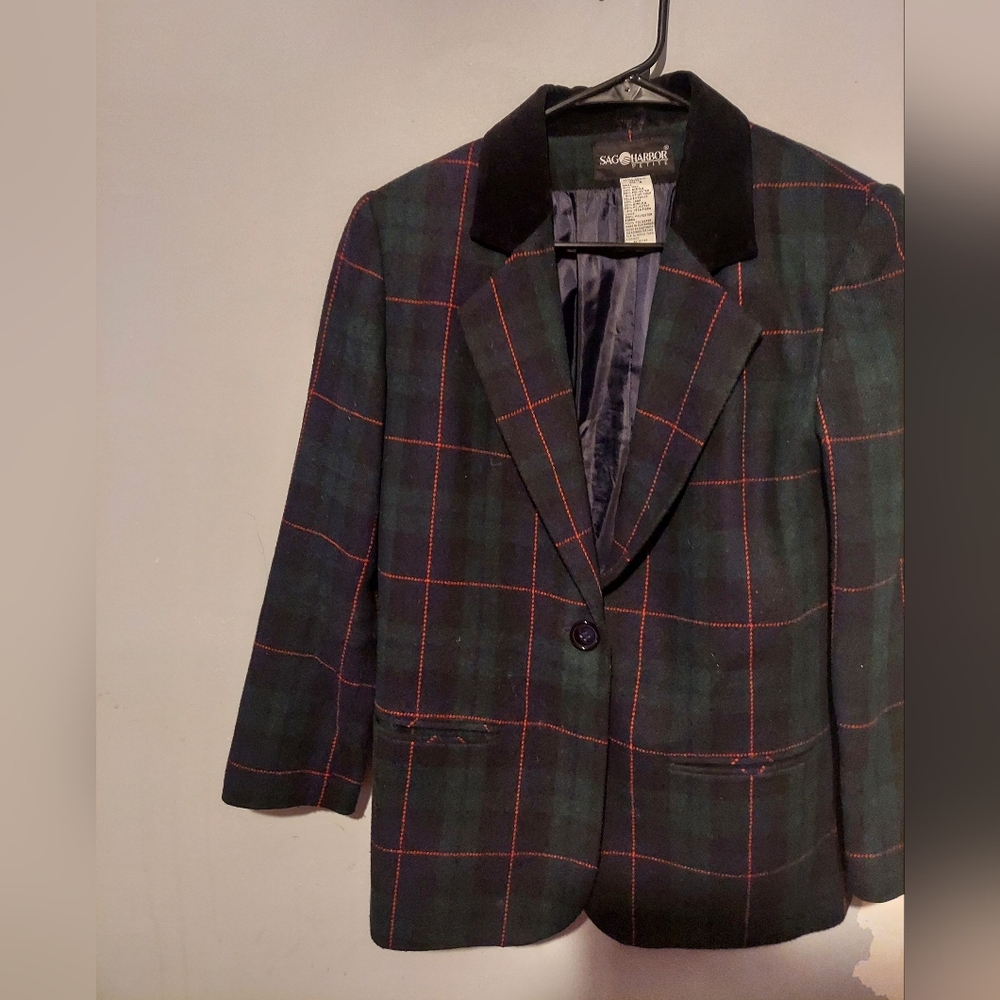 Vtg Y2K Wool Blazer Sz 6 Green Plaid Velvet Collar Preppy Cabincore Christmas